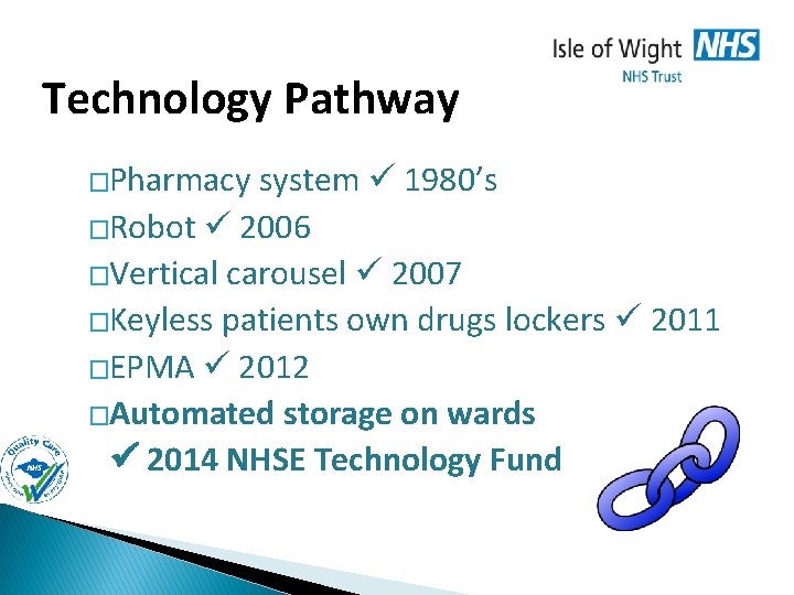Technology Pathway �Pharmacy system 1980’s �Robot 2006 �Vertical carousel 2007 �Keyless patients own drugs