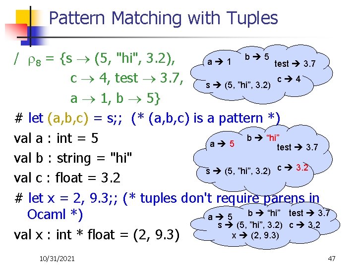 Pattern Matching with Tuples b 5 / 8 = {s (5, "hi", 3. 2),