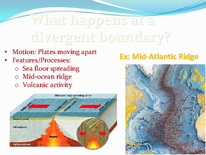 What happens at a divergent boundary? • Motion: Plates moving apart • Features/Processes: o