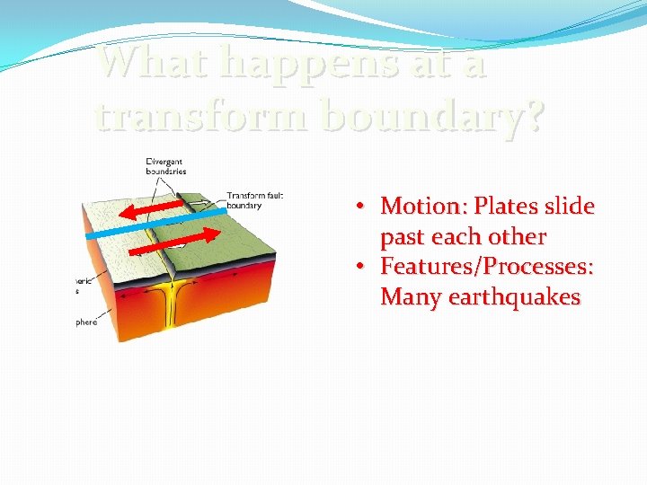 What happens at a transform boundary? • Motion: Plates slide past each other •