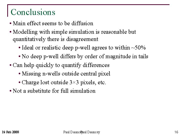 Conclusions • Main effect seems to be diffusion • Modelling with simple simulation is