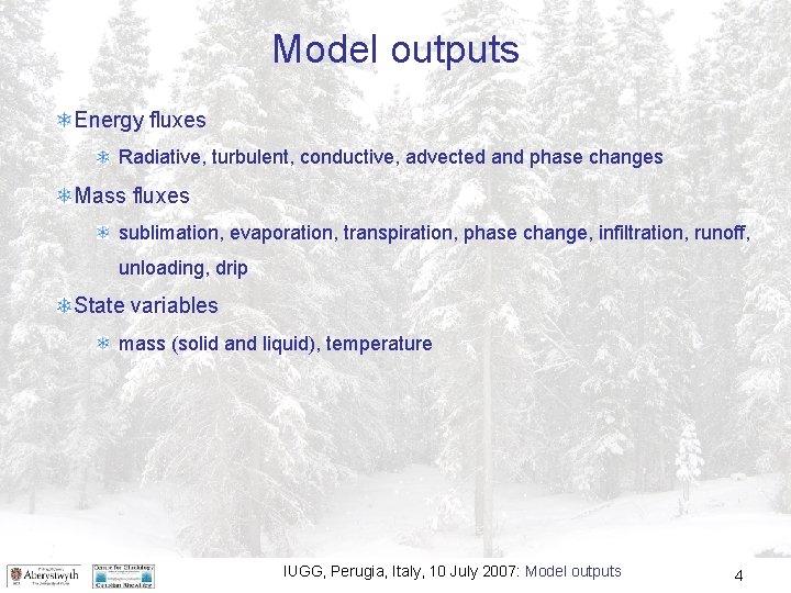 Model outputs Energy fluxes Radiative, turbulent, conductive, advected and phase changes Mass fluxes sublimation,