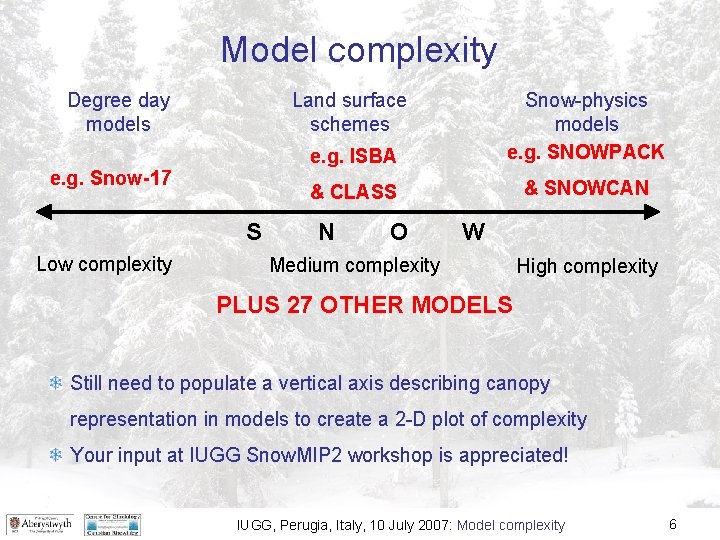 Model complexity Degree day models e. g. Snow-17 S Low complexity e. g. ISBA