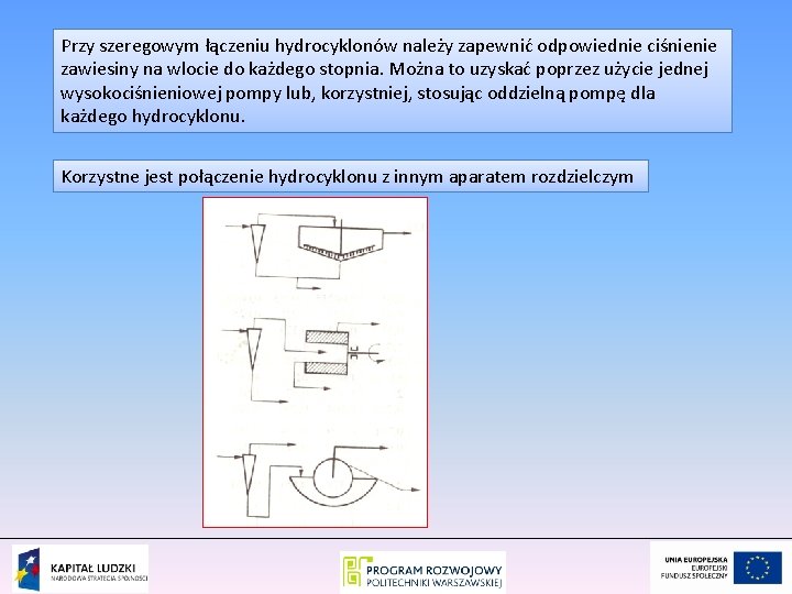 Przy szeregowym łączeniu hydrocyklonów należy zapewnić odpowiednie ciśnienie zawiesiny na wlocie do każdego stopnia.