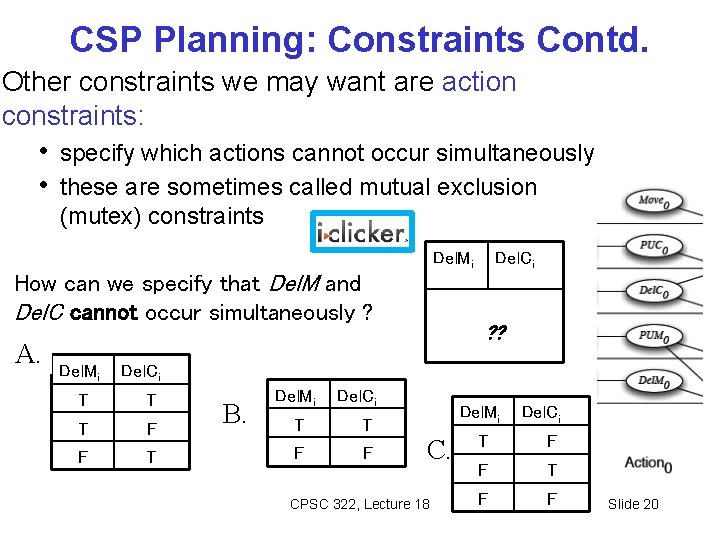 CSP Planning: Constraints Contd. Other constraints we may want are action constraints: • specify
