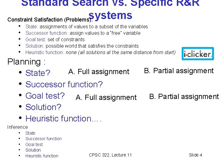 Standard Search vs. Specific R&R systems Constraint Satisfaction (Problems): • • • State: assignments