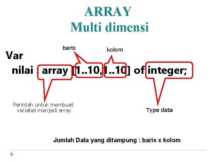 ARRAY Multi dimensi baris kolom Var nilai : array [1. . 10, 1. .