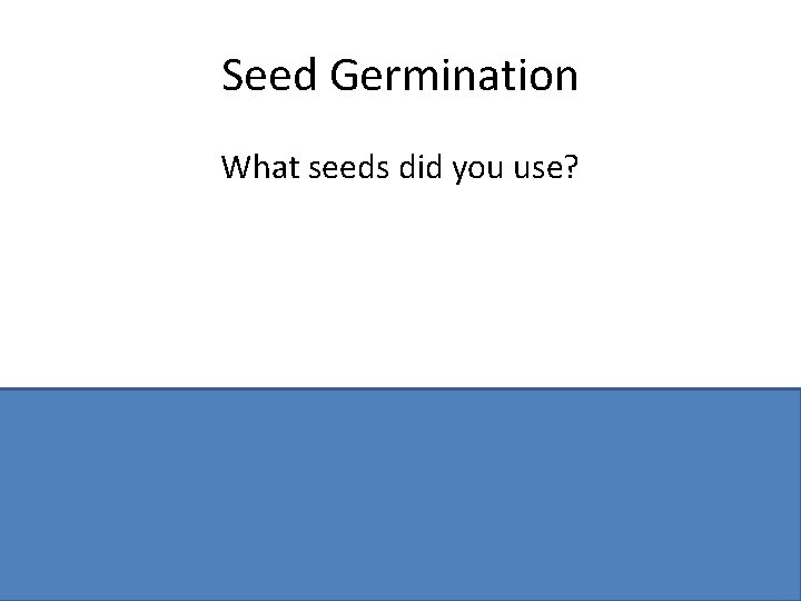Seed Germination What seeds did you use? Mustard / cress / radish / peas