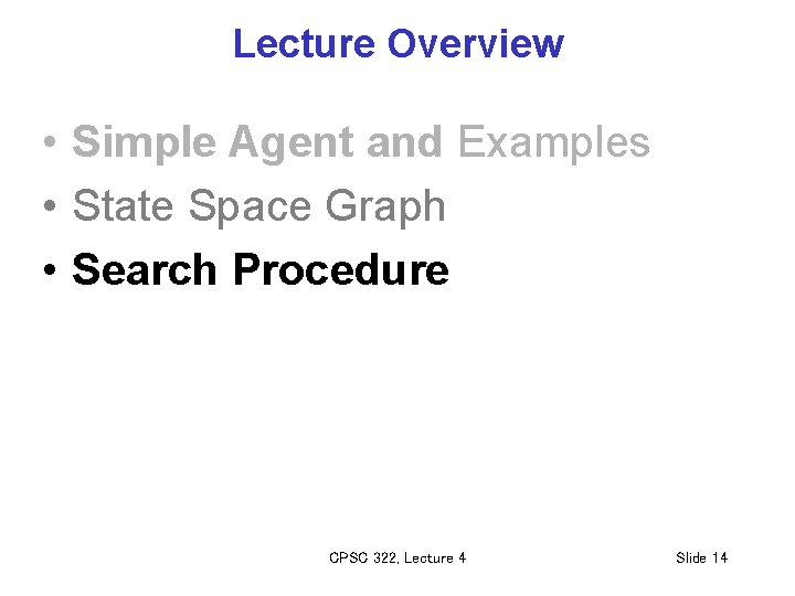 Lecture Overview • Simple Agent and Examples • State Space Graph • Search Procedure