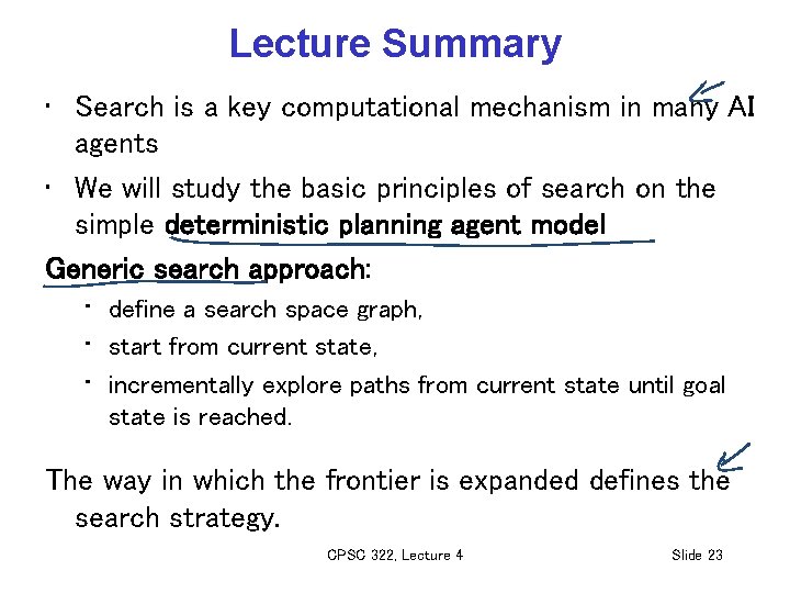 Lecture Summary • Search is a key computational mechanism in many AI agents •