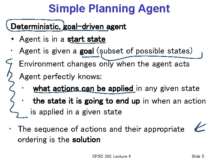 Simple Planning Agent Deterministic, goal-driven agent • Agent is in a start state •