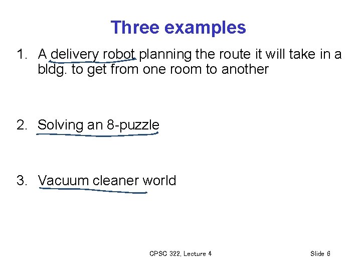 Three examples 1. A delivery robot planning the route it will take in a