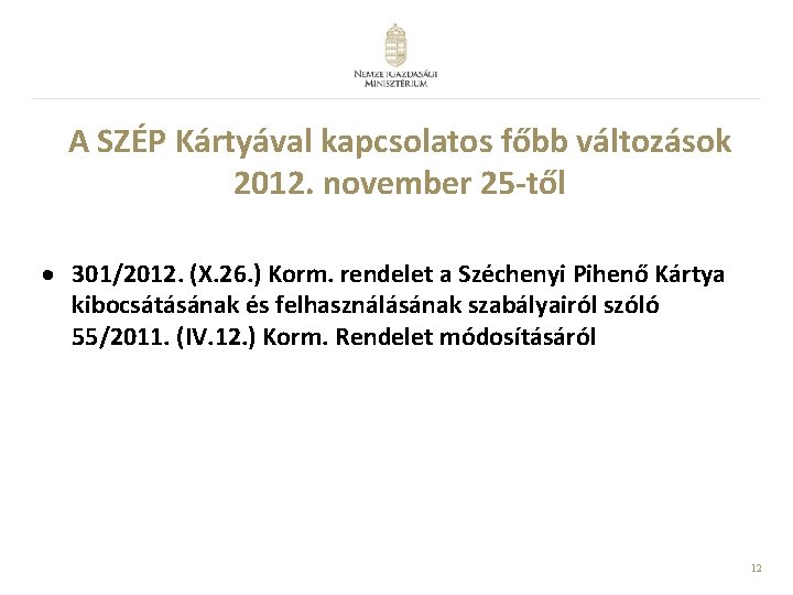 A SZÉP Kártyával kapcsolatos főbb változások 2012. november 25 -től · 301/2012. (X. 26.