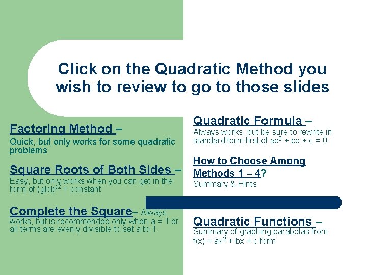 Click on the Quadratic Method you wish to review to go to those slides