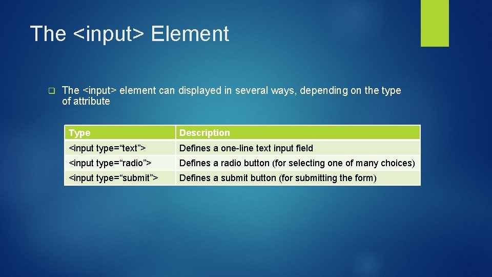 The <input> Element q The <input> element can displayed in several ways, depending on