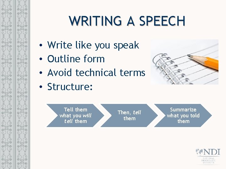 WRITING A SPEECH • • Write like you speak Outline form Avoid technical terms