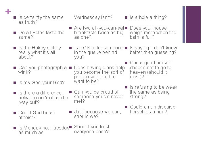 + n Is certainty the same as truth? Wednesday isn't? Is a hole a