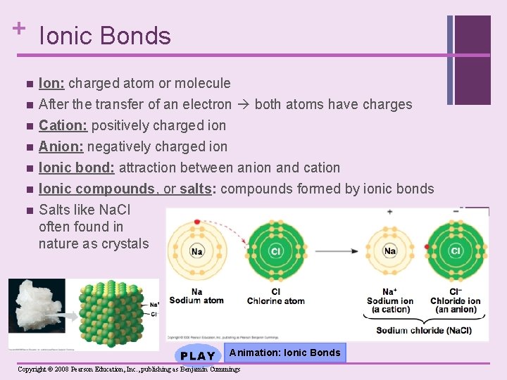 + Ionic Bonds n n n n Ion: charged atom or molecule After the