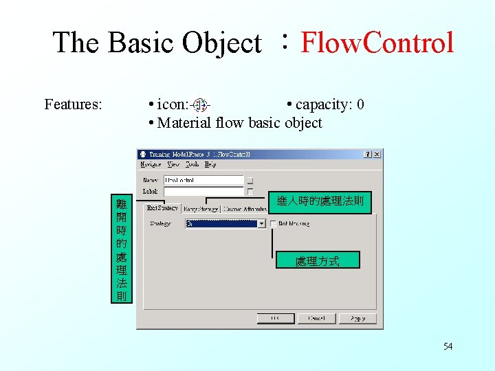 The Basic Object ：Flow. Control Features: • icon: • capacity: 0 • Material flow