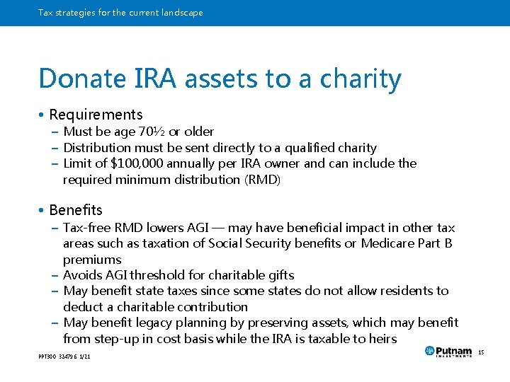 Tax strategies for the current landscape Donate IRA assets to a charity • Requirements