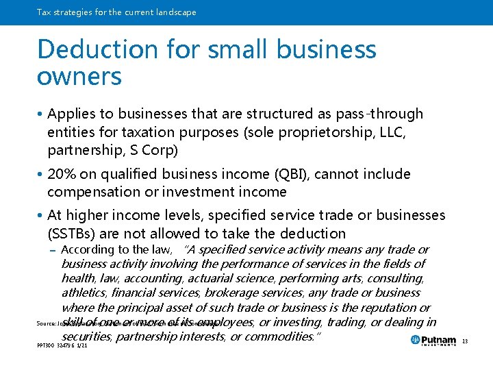Tax strategies for the current landscape Deduction for small business owners • Applies to