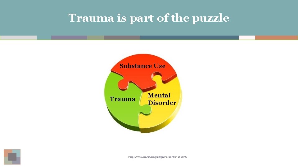 Trauma is part of the puzzle Substance Use Trauma Mental Disorder http: //www. samhsa.