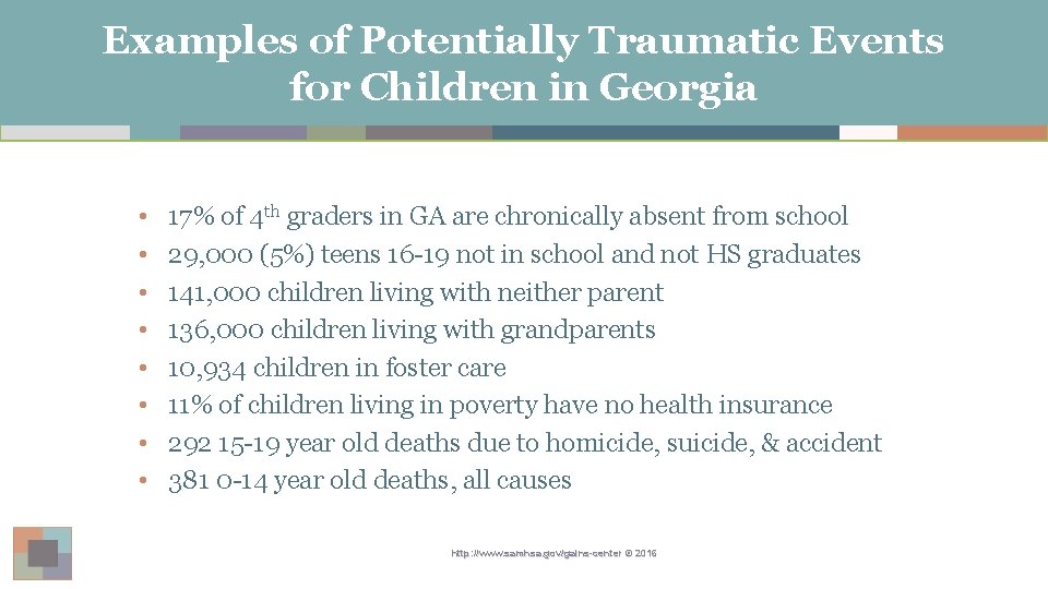 Examples of Potentially Traumatic Events for Children in Georgia • • 17% of 4