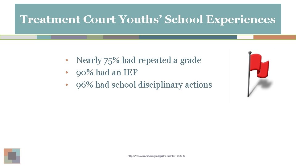 Treatment Court Youths’ School Experiences • Nearly 75% had repeated a grade • 90%