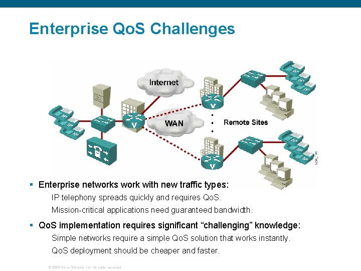 Enterprise Qo. S Challenges § Enterprise networks work with new traffic types: IP telephony