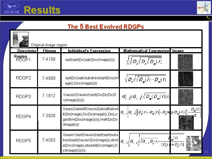 Results The 5 Best Evolved RDGPs Original image region Descriptor Region Fitness Individual’s Expression