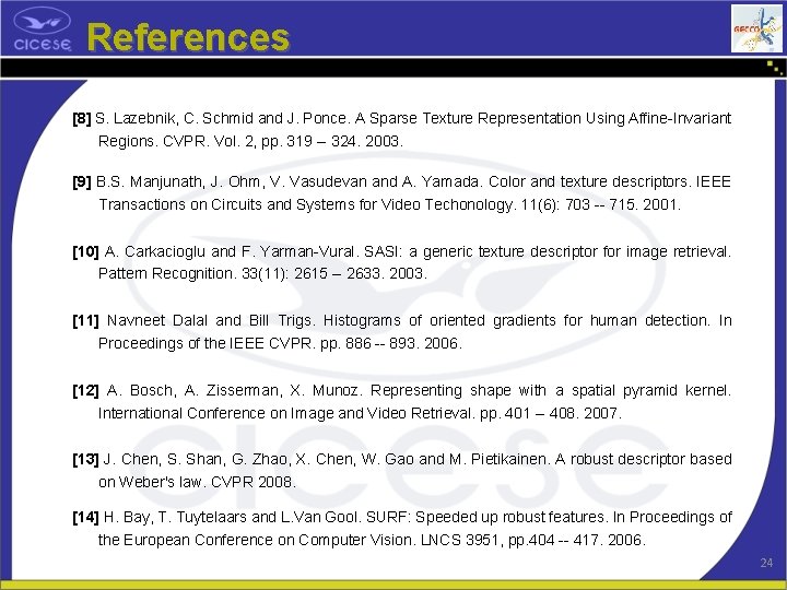 References [8] S. Lazebnik, C. Schmid and J. Ponce. A Sparse Texture Representation Using
