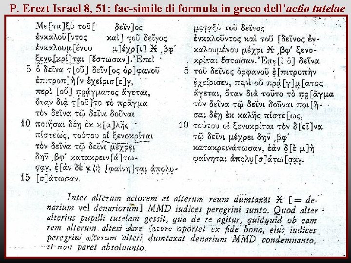 P. Erezt Israel 8, 51: fac-simile di formula in greco dell’actio tutelae 