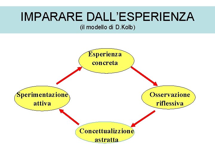 IMPARARE DALL’ESPERIENZA (il modello di D. Kolb) Esperienza concreta Sperimentazione attiva Osservazione riflessiva Concettualizzione