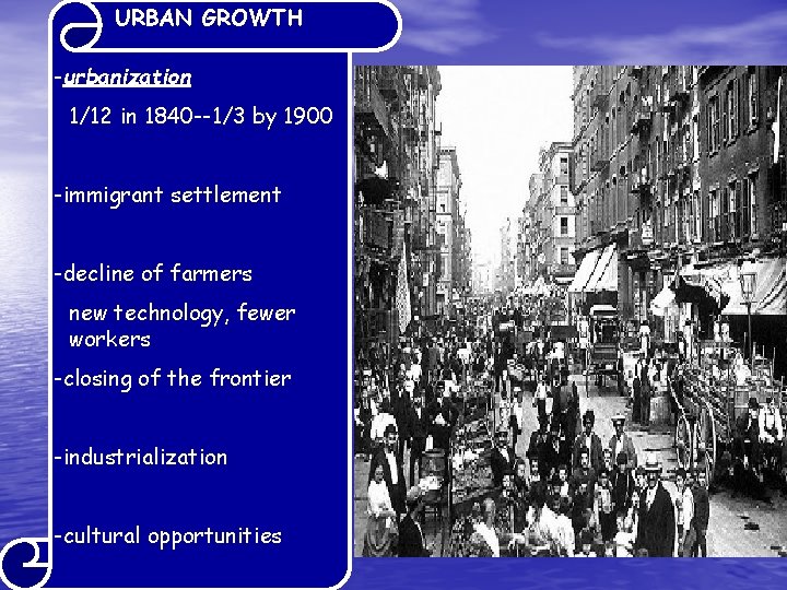 URBAN GROWTH -urbanization 1/12 in 1840 --1/3 by 1900 -immigrant settlement -decline of farmers