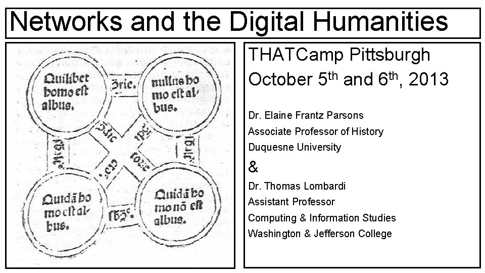 Networks and the Digital Humanities THATCamp Pittsburgh October 5 th and 6 th, 2013