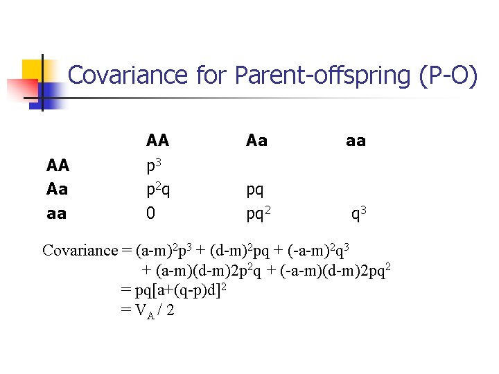 Covariance for Parent-offspring (P-O) AA Aa aa AA p 3 p 2 q 0