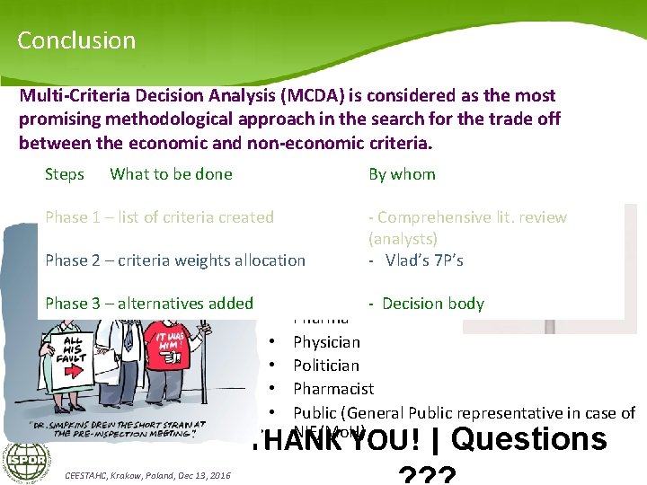 Conclusion Multi-Criteria Decision Analysis (MCDA) is considered as the most 7 promising P’s MCDA