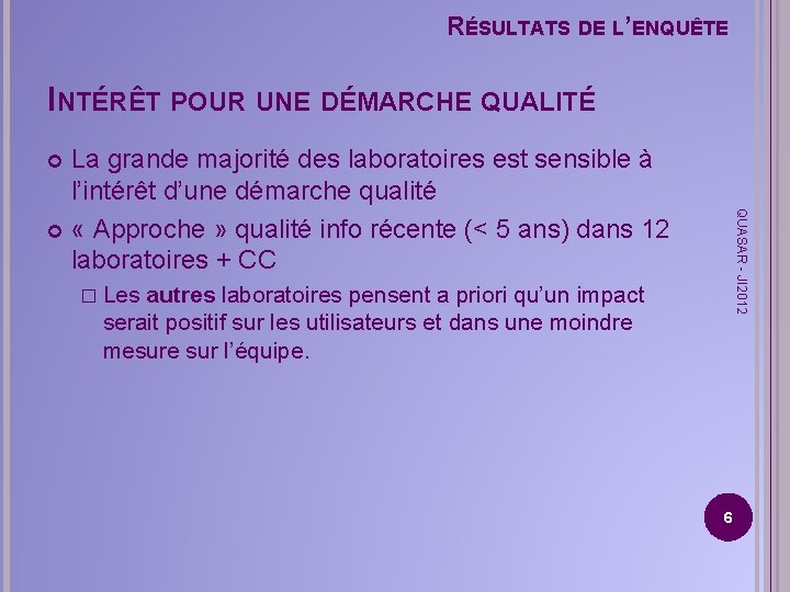 RÉSULTATS DE L’ENQUÊTE INTÉRÊT POUR UNE DÉMARCHE QUALITÉ La grande majorité des laboratoires est