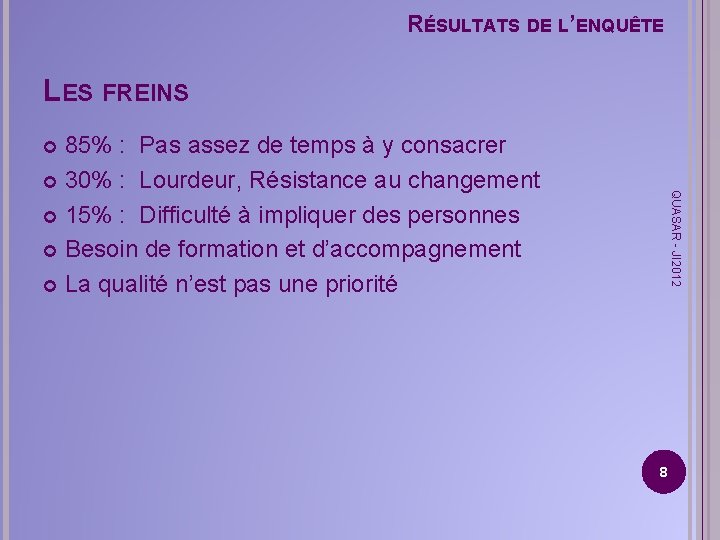 RÉSULTATS DE L’ENQUÊTE LES FREINS 85% : Pas assez de temps à y consacrer