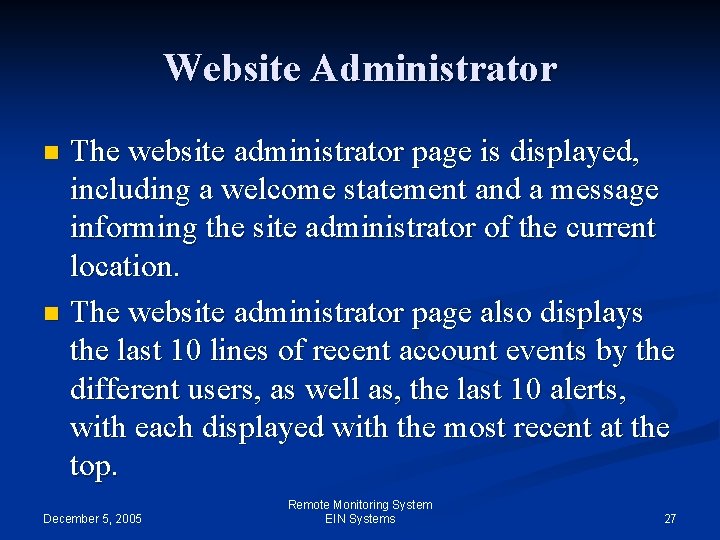 Website Administrator The website administrator page is displayed, including a welcome statement and a