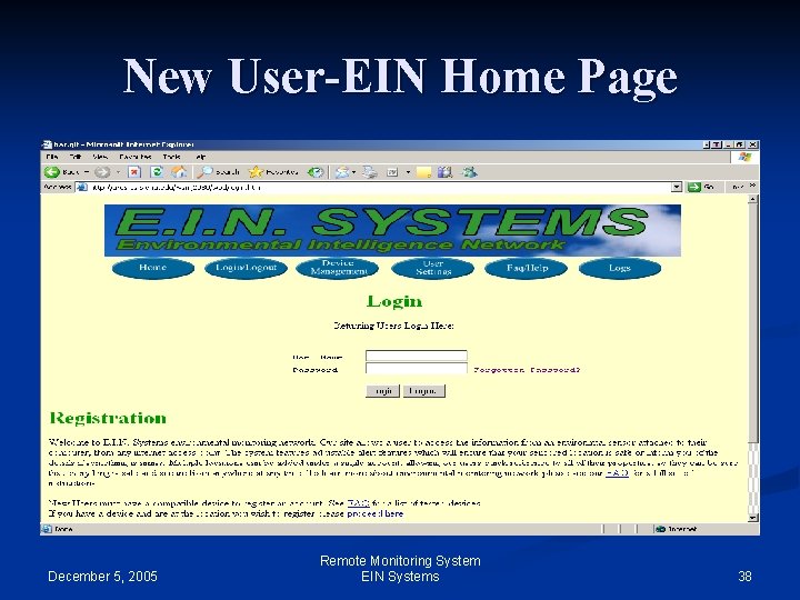 New User-EIN Home Page December 5, 2005 Remote Monitoring System EIN Systems 38 