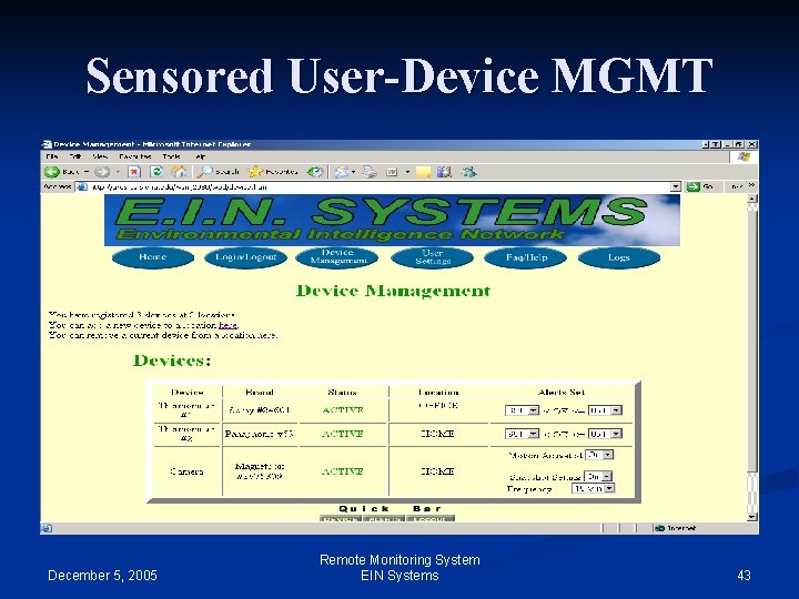 Sensored User-Device MGMT December 5, 2005 Remote Monitoring System EIN Systems 43 