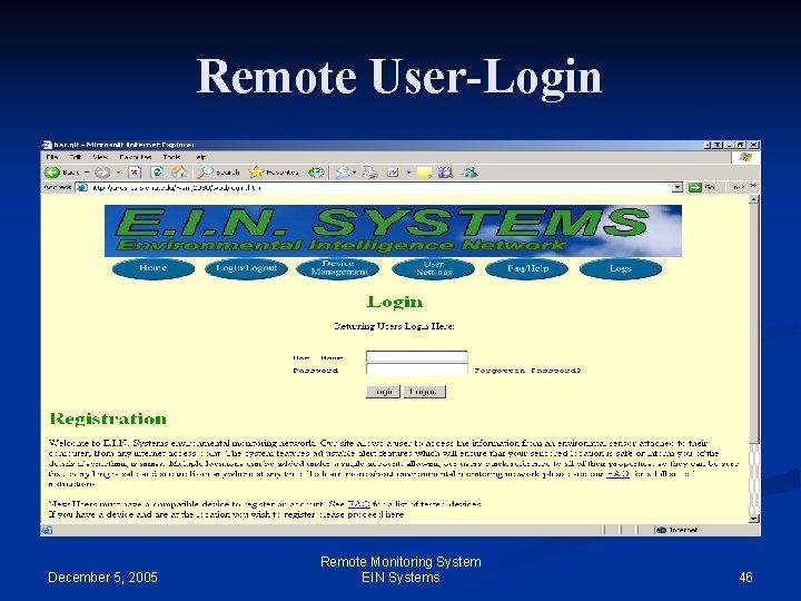 Remote User-Login December 5, 2005 Remote Monitoring System EIN Systems 46 