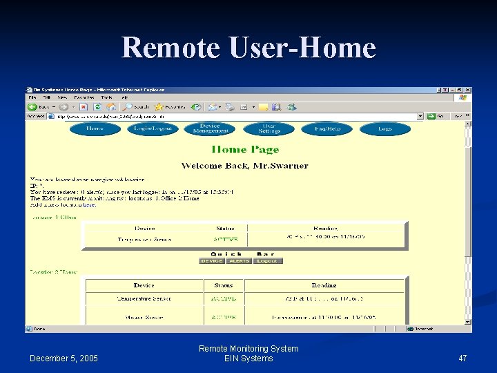 Remote User-Home December 5, 2005 Remote Monitoring System EIN Systems 47 