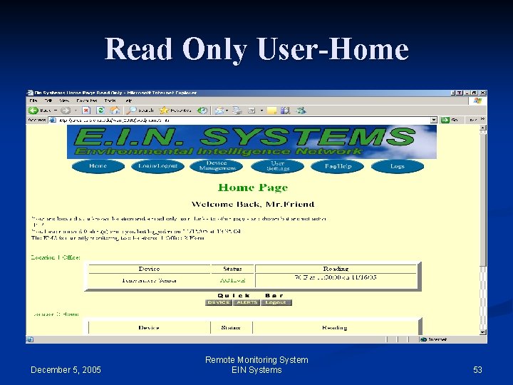Read Only User-Home December 5, 2005 Remote Monitoring System EIN Systems 53 