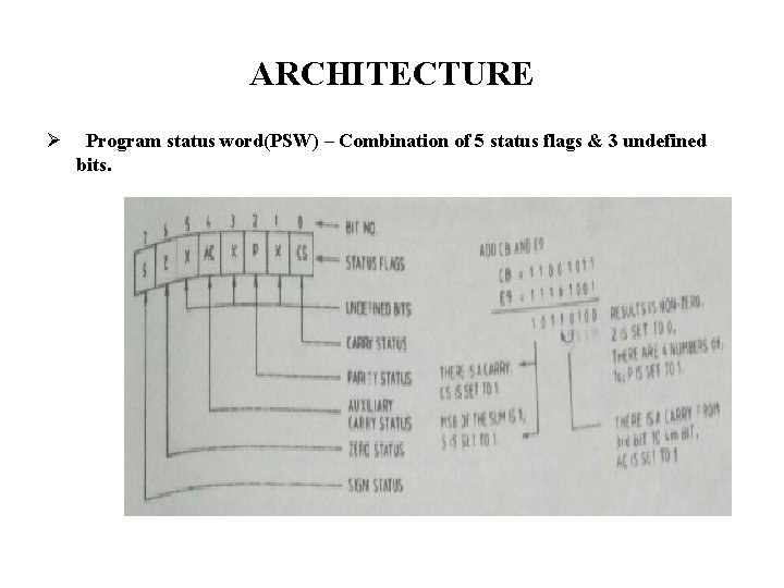 ARCHITECTURE Ø Program status word(PSW) – Combination of 5 status flags & 3 undefined