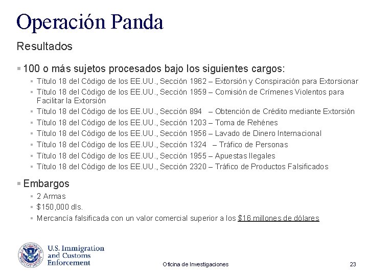 Operación Panda Resultados § 100 o más sujetos procesados bajo los siguientes cargos: §