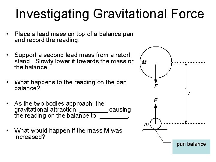 Investigating Gravitational Force • Place a lead mass on top of a balance pan