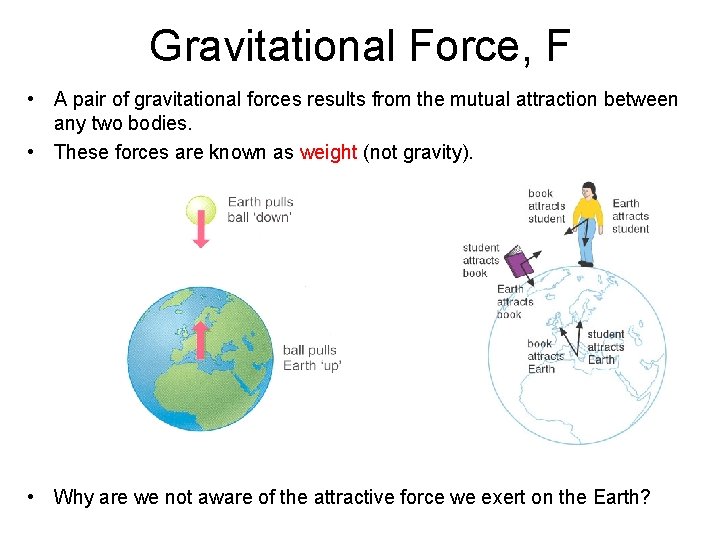 Gravitational Force, F • A pair of gravitational forces results from the mutual attraction