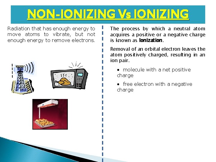 NON-IONIZING Vs IONIZING Radiation that has enough energy to move atoms to vibrate, but